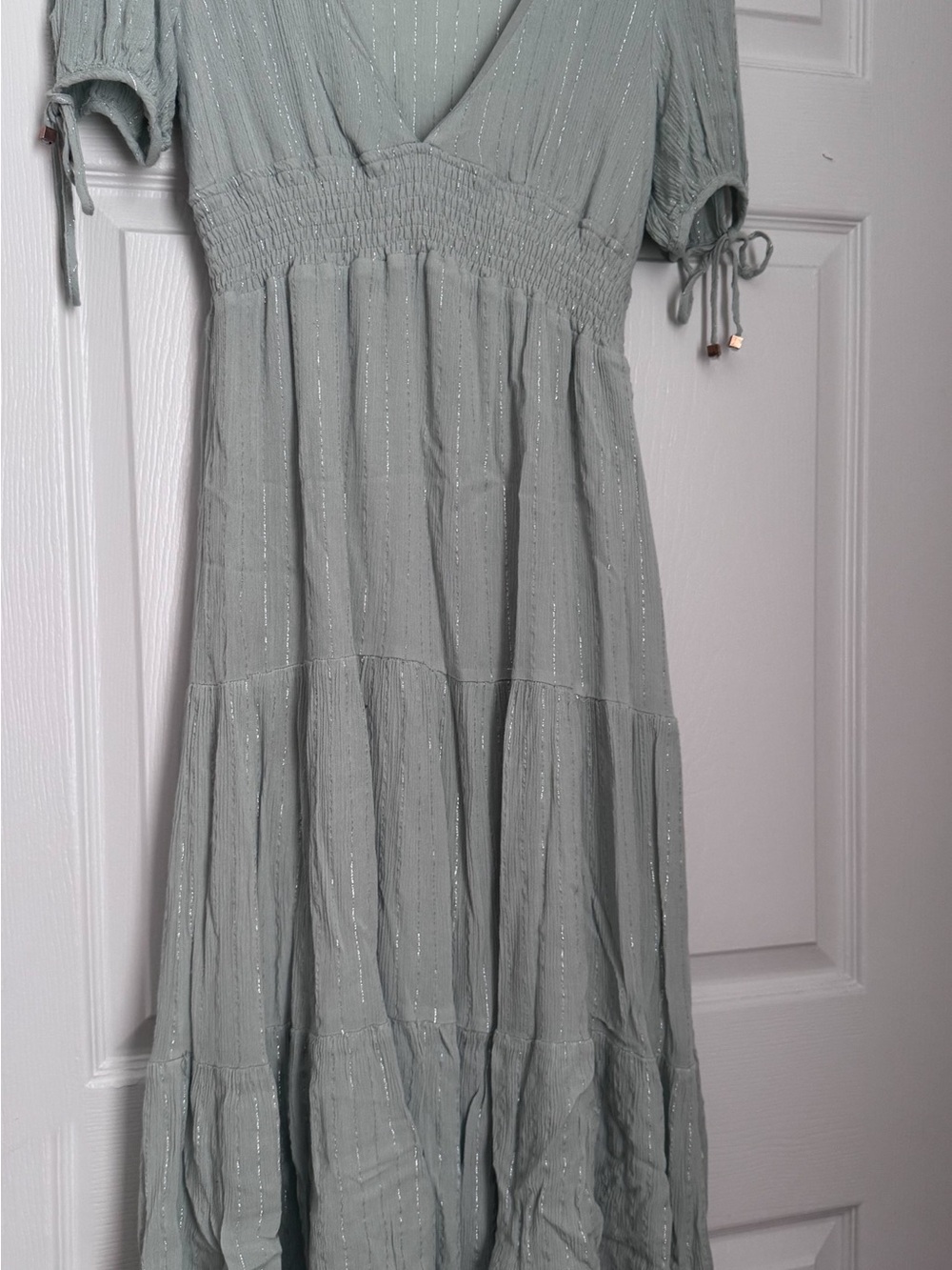 Women Sage Green/Blue Tiered Dress with Metallic Thread